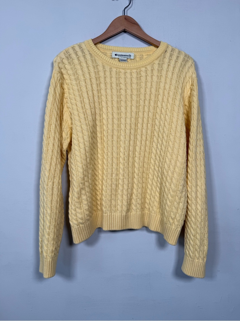 Appleseed's Vintage Pale Yellow Cable Knit Crewneck Sweater Size L 100% Cotton
